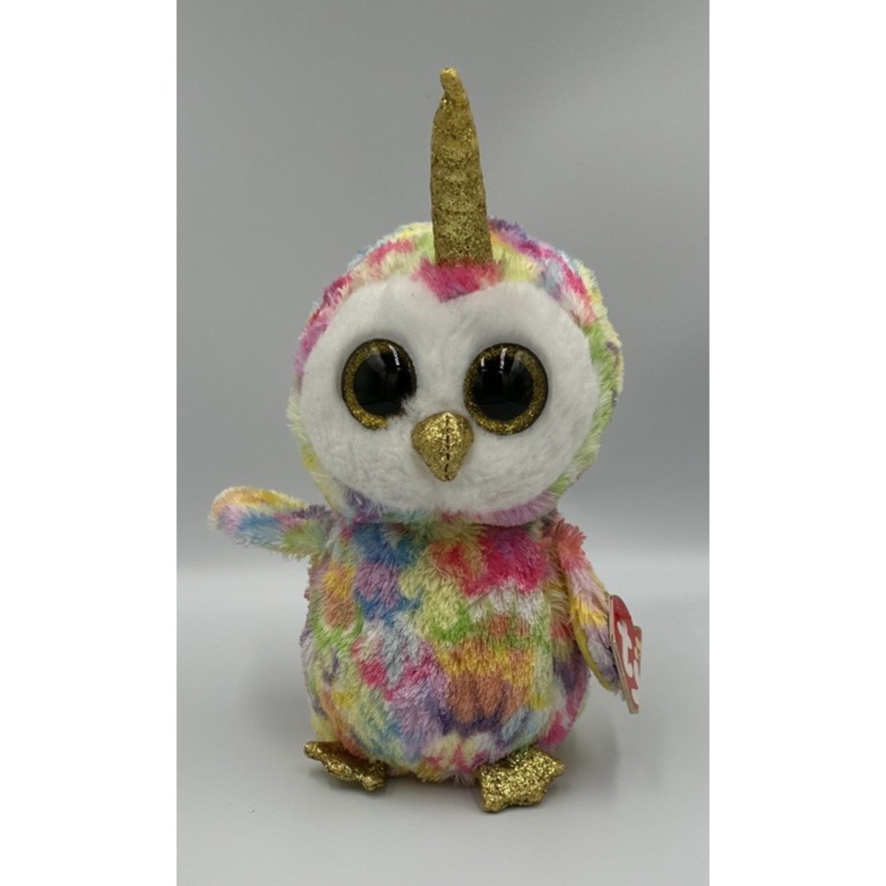 Ty Beanie Boos Owl Enchanted Rainbow Unicorn 9" TySilk Tags. Uniowl Glitter Eyes
